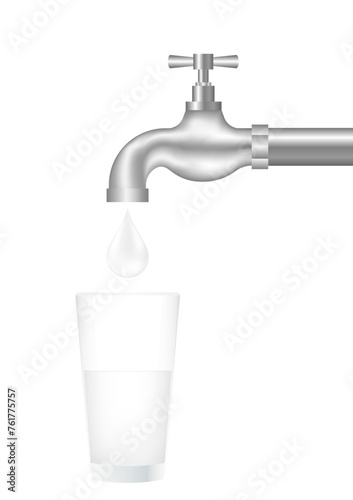 Water Tap or Faucet with Water Drop Dripping into the Glass. Clean Water Concept. Vector Illustration Isolated on White Background. 