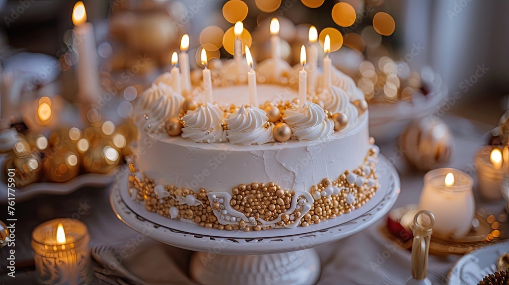 Golden Dreams: Indulgent White and Gold Cake with Candles and Gifts - Perfect for Birthdays or Weddings!