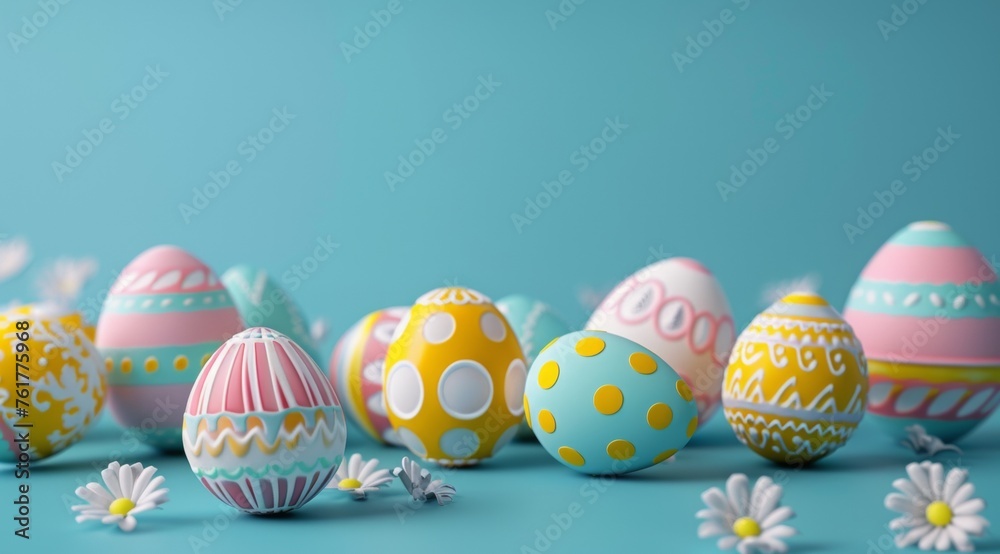 Easter eggs on a blue background with space for text with a turquoise and silver color scheme. Easter holiday themed image with easter eggs. Easter background for advertising, postcards, banners Easter eggs on a blue background with space for text with a turquoise and silver color scheme. Easter holiday themed image with easter eggs. Easter background for advertising, postcards, banners