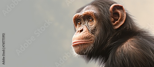 A Common chimpanzee, a primate and terrestrial animal, is staring at the camera against a gray background. Its fur, snout, and liver are visible in the closeup shot, showcasing its wildlife beauty photo