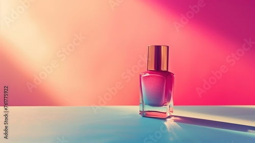 Shimmering bottle of nail polish against a radiant pink and blue gradient