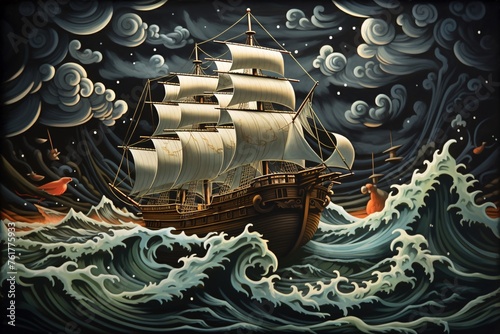 a painting of a ship in the sea