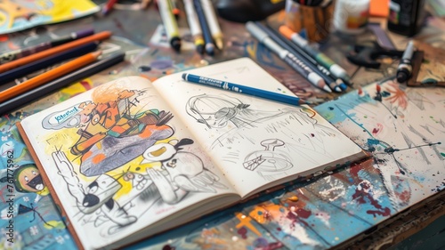 Open sketchbook with vibrant cartoon doodles, showcasing creativity and imagination photo