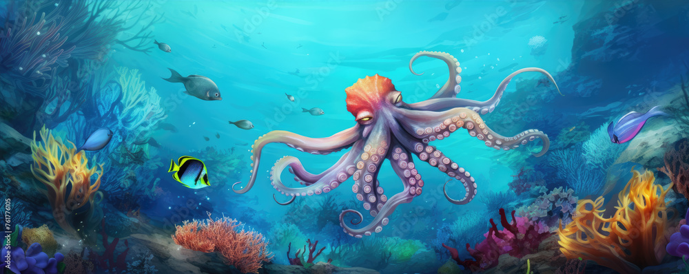 Colorful underwater scene featuring an octopus - obrazy, fototapety, plakaty 