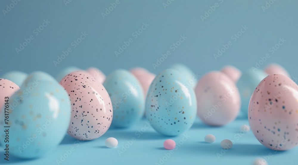 Easter eggs on a blue background with space for text with a turquoise and silver color scheme. Easter holiday themed image with easter eggs. Easter background for advertising, postcards, banners Easter eggs on a blue background with space for text with a turquoise and silver color scheme. Easter holiday themed image with easter eggs. Easter background for advertising, postcards, banners