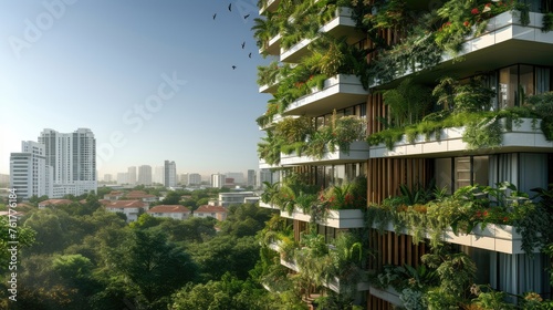 A building adorned with lush greenery, numerous balconies, and towering trees, harmonizing urban design with nature's touch in the cityscape. AIG41 © Summit Art Creations