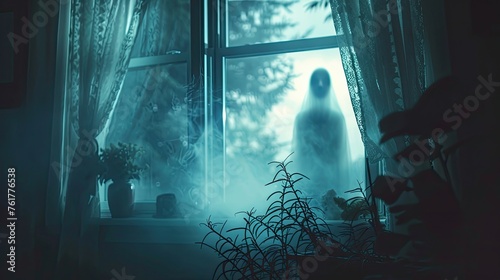 Haunted Night: Blurred Ghost Silhouette in Bedroom Window, Perfect for Halloween Horror Themes photo