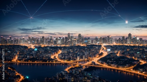 Network connectivity lines glowing over twilight cityscape view 