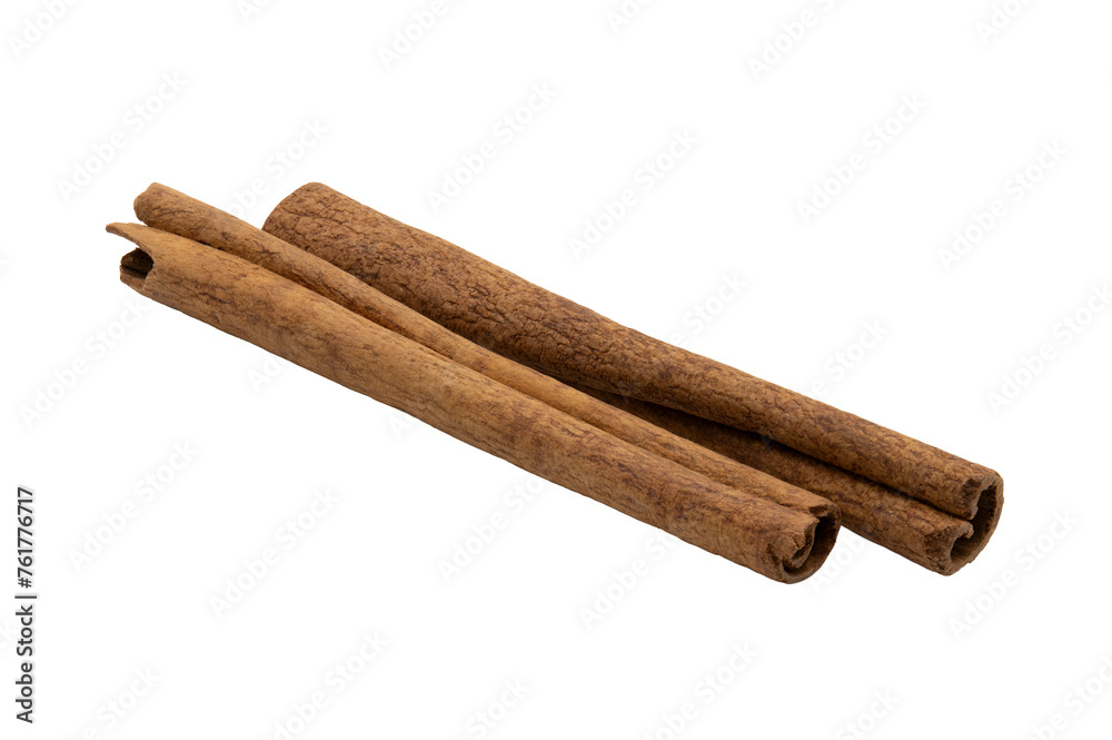 two cinnamon sticks on white background
