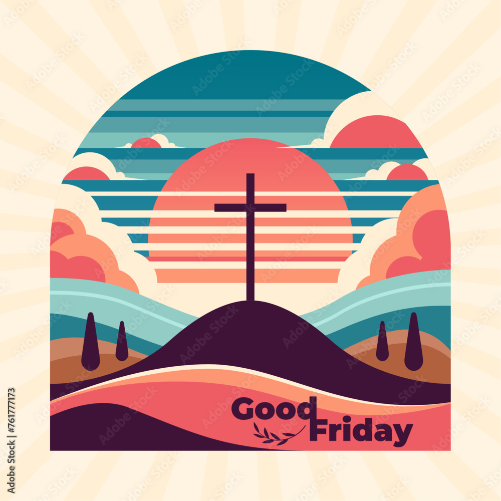 Naklejka premium Holy week good friday cross in a hill with sunset and clouds