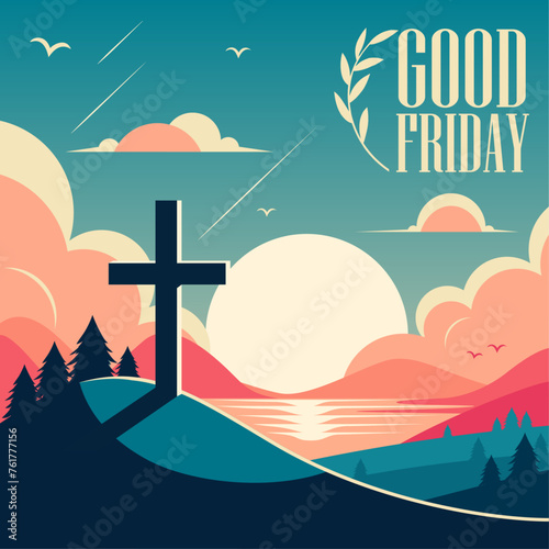 Vector illustration for Holy week good friday in a mountain and sunset