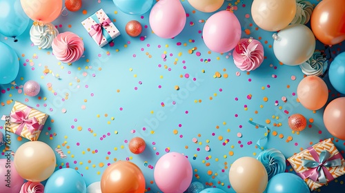 Festive Birthday Bash: Top View of Colorful Balloons, Gifts, Confetti, and Streamers on a Tech-Generated Background with Copy Space photo
