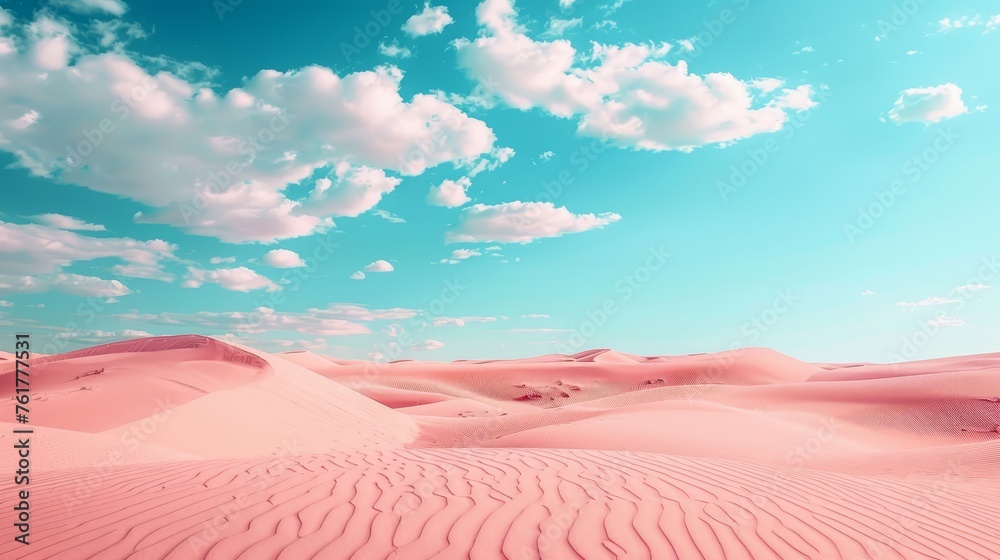 Pink sand dunes under a pastel blue sky with fluffy clouds. Desert ...