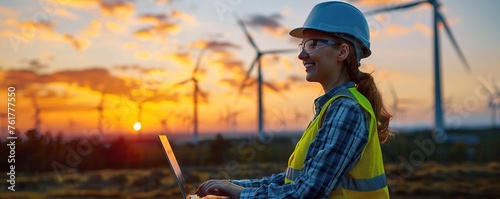 Smiling engineer with laptop near wind turbines at dusk photo