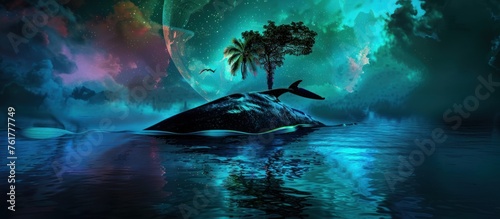fantasy landscape with a whale in the sky