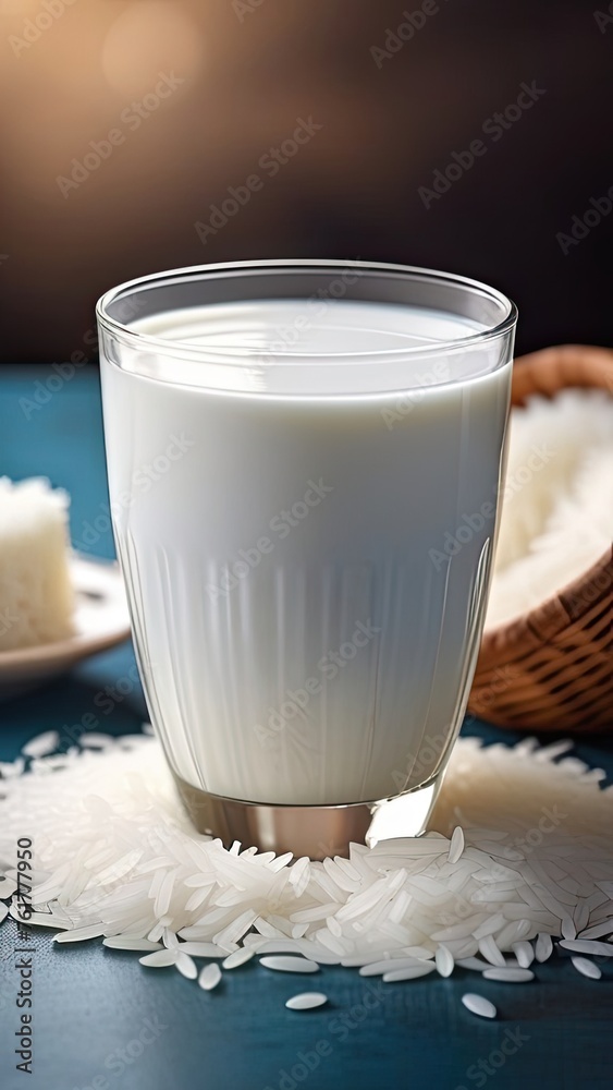 Glass of rice milk on wooden table, closeup. Healthy drink
