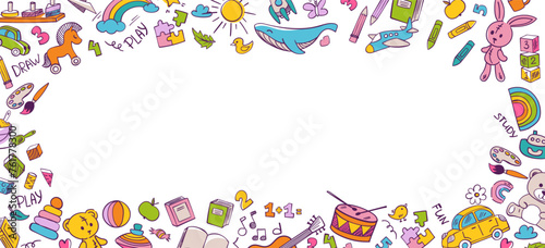 Children background, kid's frame with cartoon toys, animals, books, clouds, whale, sun. Doodle Vector border illustration for your template, kindergarten banner, diploma or certificate.