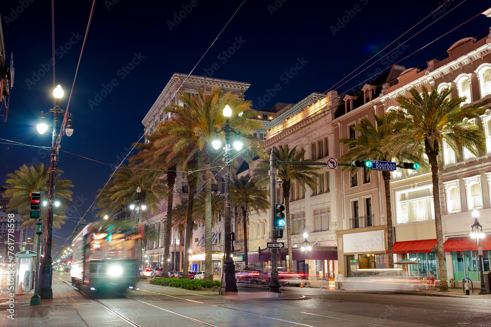New Orleans trolley at french quarter main street at night
