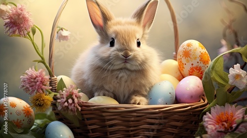 Little Bunny In Basket With Decorated Eggs - Easter Card - generative ai © Nia™