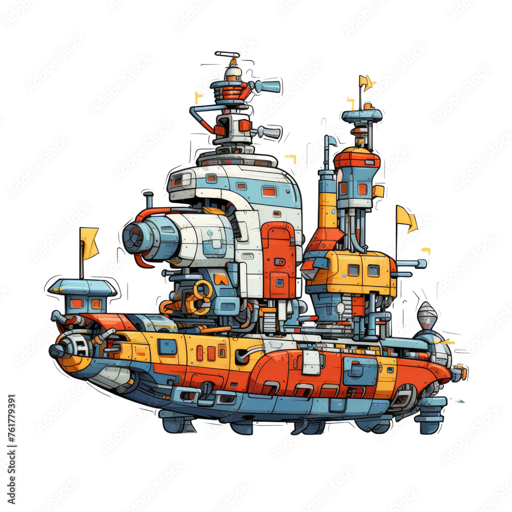 Ship composed of scrap robots. 2D vector. White background.