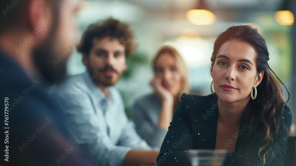 A candid shot of a businesswoman leading a meeting with a businessman and other team members, showcasing leadership and initiative, with copy space A candid shot of a businesswoman leading a meeting with a businessman and other team members, showcasing leadership and initiative, with copy space