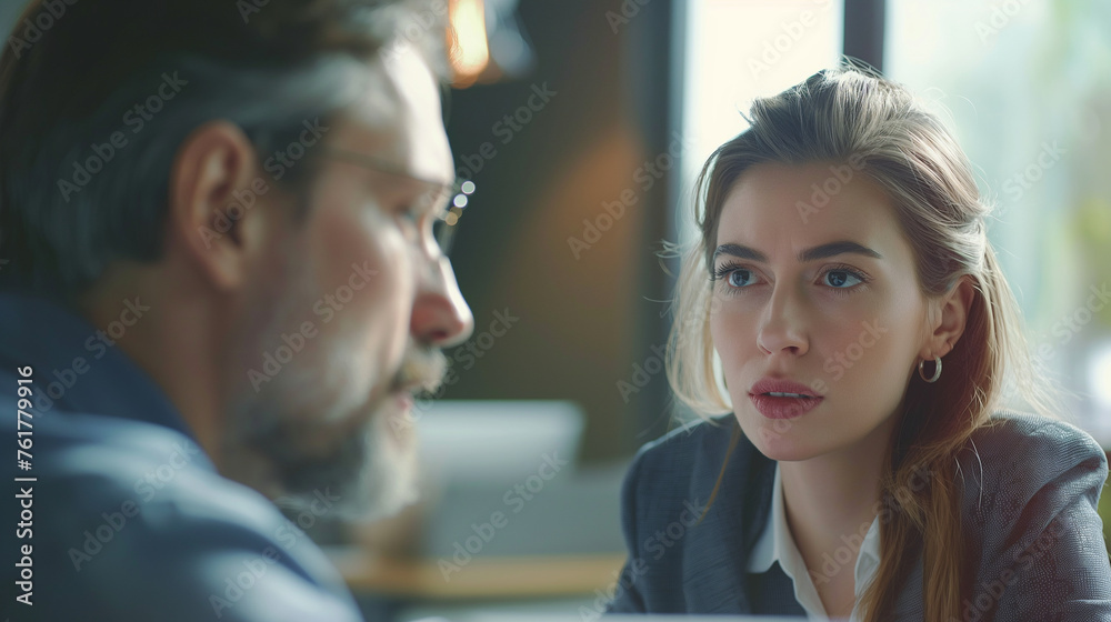 A decisive moment captured as a businessman and a businesswoman negotiate a partnership deal with another company, their expressions intense yet hopeful, in a bright office, with copy space