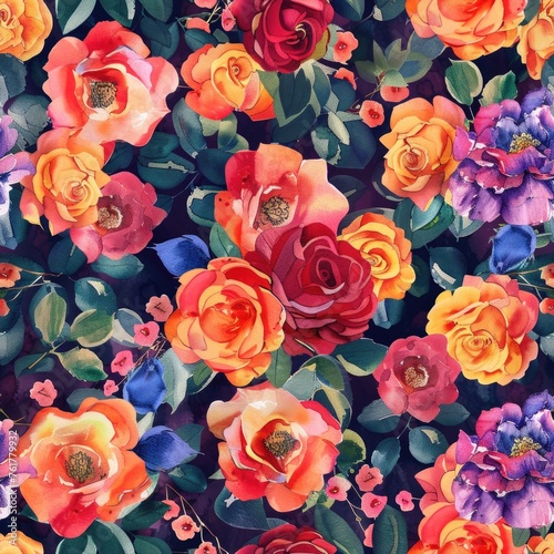 Vibrant rose watercolor flowers, seamless pattern