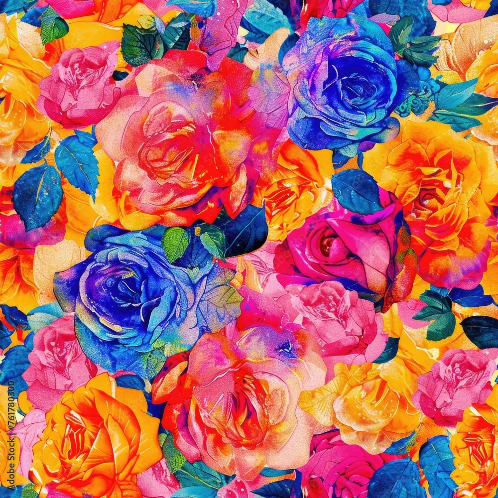 Vibrant rose watercolor flowers, seamless pattern