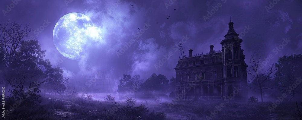 Spooky Haunted House with a Full Moon Sky. Eerie Halloween Background with a Derelict Mansion. Spooky Haunted House with a Full Moon Sky. Eerie Halloween Background with a Derelict Mansion.