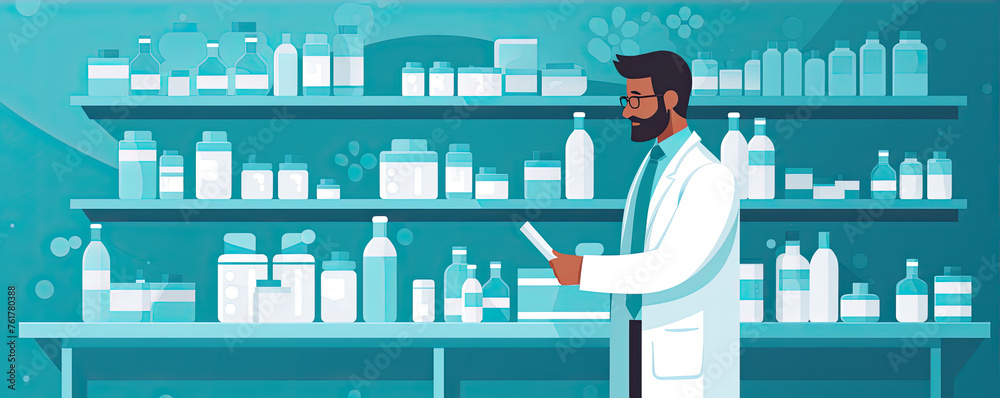 Pharmacist using a tablet in a colorful drugstore