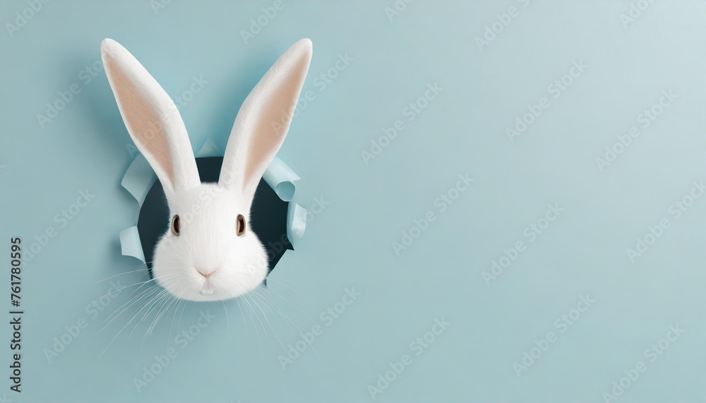 Adorable Easter Bunny Peeking Playfully Through Bright Blue Wall Hole