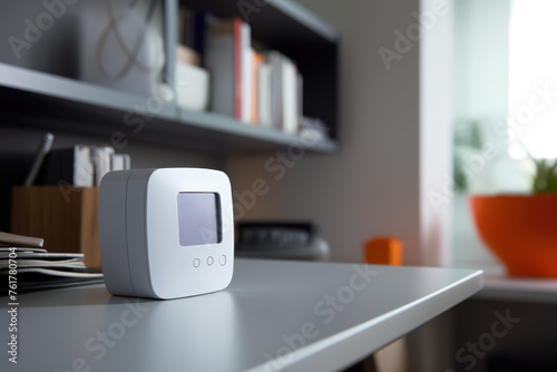 Modern smart home hub device on office desk with room decor