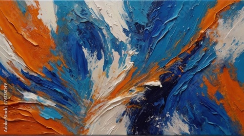 Closeup of abstract rough colorful blue orange complementary colors art painting texture background wallpaper, with oil or acrylic brushstroke waves, pallet knife paint on canvas