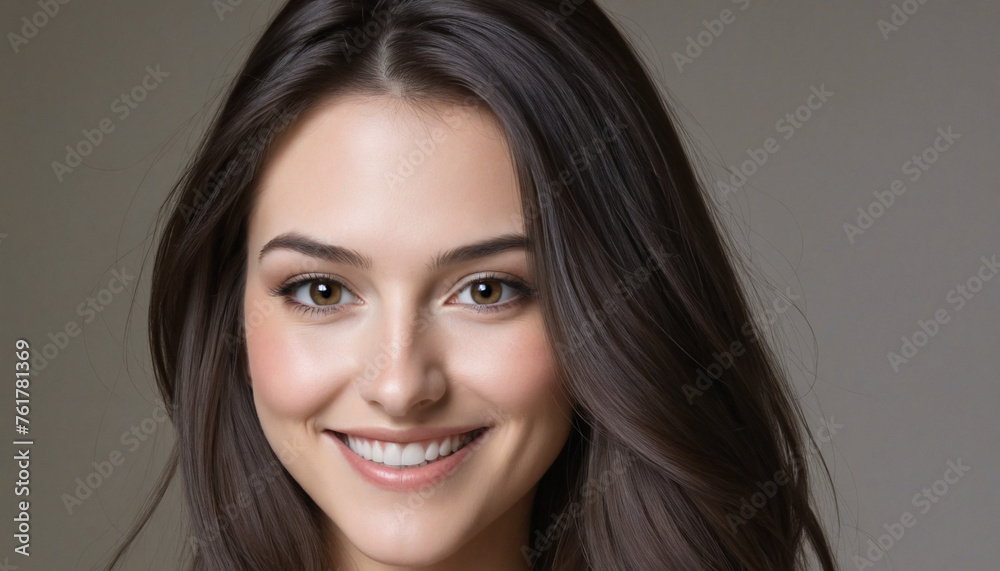 One beautiful woman, with dark hair, smiling and looking at camera One beautiful woman, with dark hair, smiling and looking at camera