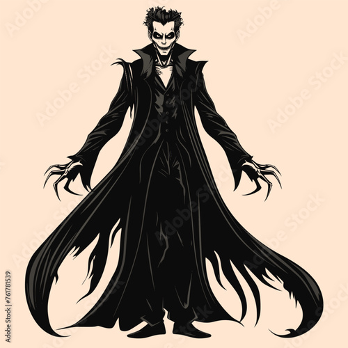 Black and White Vampire Character Outline Silhouette Ornament Vector Art for Logo and Icon, Sketch, Tattoo, Clip Art	