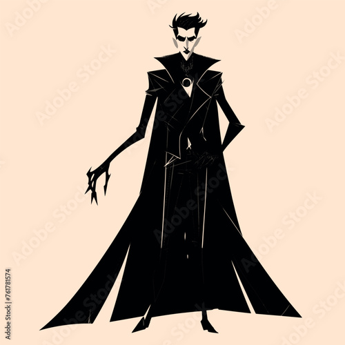 Black and White Vampire Character Outline Silhouette Ornament Vector Art for Logo and Icon, Sketch, Tattoo, Clip Art	