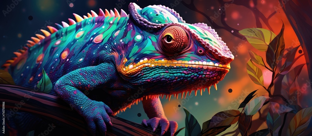 A vibrant electric blue chameleon, resembling a fictional character, is perched on a tree branch like a cryptid from a painting in a visual arts event