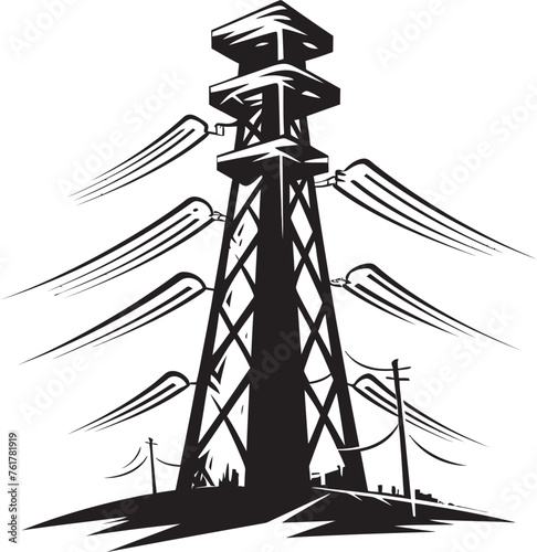 WattWatchful Hand Drawn Symbol for Electric Power Structure VoltageVanguard Vector Black Logo Design for High Voltage Electric Pole