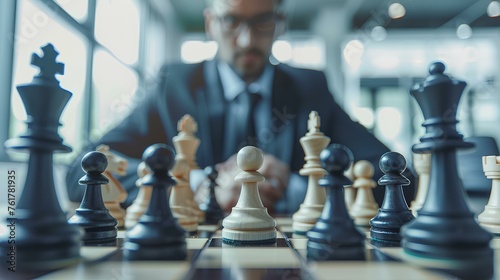 close up king chess on the board. and background is businessman. in the white office room. generative AI