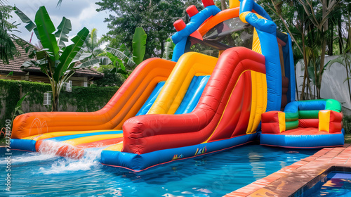 Inflatable bouncy house with water slide in the backyard, colorful bouncy castle mounted on the pool. Fun for kids.