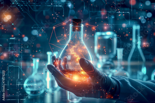 Hand of scientist holding flask with lab glassware and glowing network hologram on chemical laboratory background. AI Generated photo