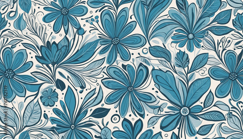 Abstract blue flower art seamless pattern. Trendy contemporary floral nature shape background illustration. Natural organic plant leaves artwork wallpaper print. Vintage spring texture. 