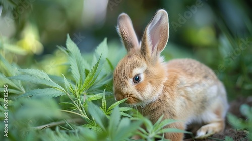 Neugieriges Kaninchen entdeckt Marihuana-Hanfpflanze