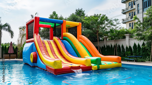 Inflatable bouncy house with water slide in the backyard, colorful bouncy castle mounted on the pool. Fun for kids. photo
