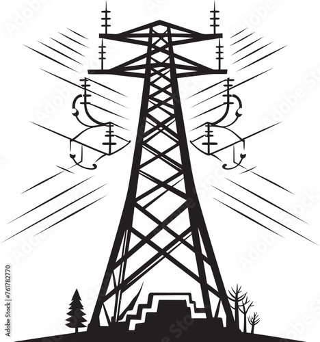 WattWatchful Hand Drawn Symbol for Electric Power Structure VoltageVanguard Vector Black Logo Design for High Voltage Electric Pole