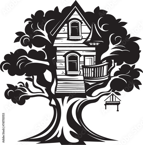 Treetop Refuge Black Emblem for Tree House Sanctuary Leafy Lookout Hand Drawn Symbol for Arboreal Dwelling