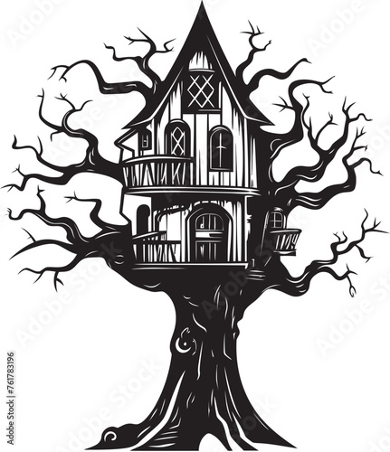 Leafy Lookout Hand Drawn Symbol for Arboreal Dwelling Skyward Shelter Vector Black Logo Design for Treehouse Icon