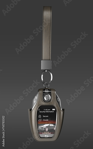 Car remote control key in lather case realistic front view 3d render on darck