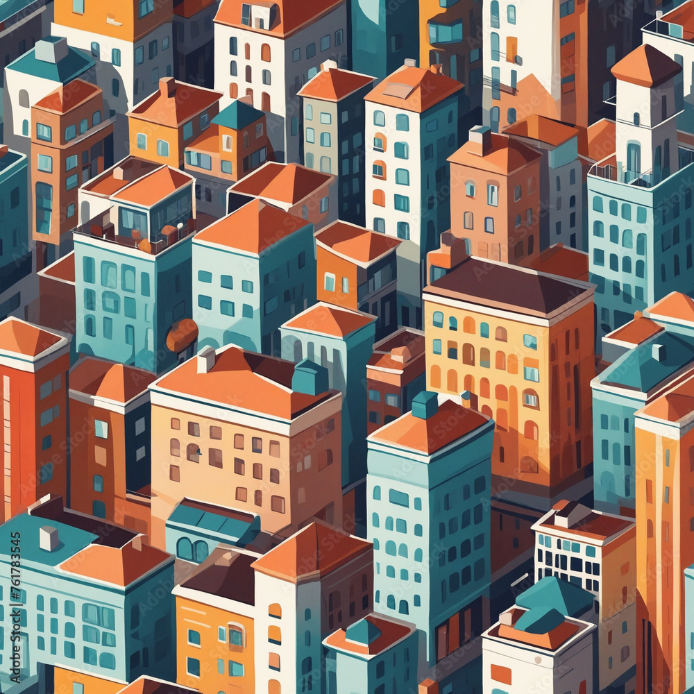 Modern city illustration on isolated background. Flat houses and apartment buildings in colorful geometric style. Modern city illustration on isolated background. Flat houses and apartment buildings in colorful geometric style.