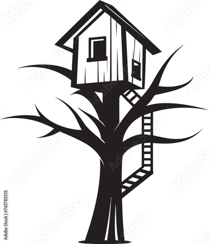 Arboreal Abode Hand Drawn Symbol for Elevated Sanctuary Canopy Chalet Vector Logo Design for Treehouse Icon